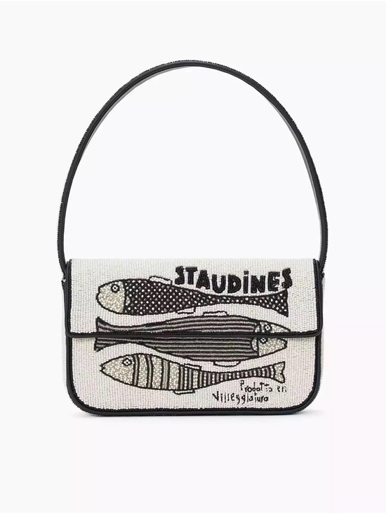 STAUD Handbags - STAUD White and Black Beaded Fish-Print Shoulder Bag